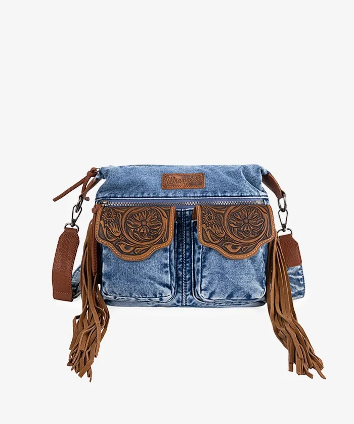 Wrangler Fringe Floral Tooled Denim Crossbody Bag