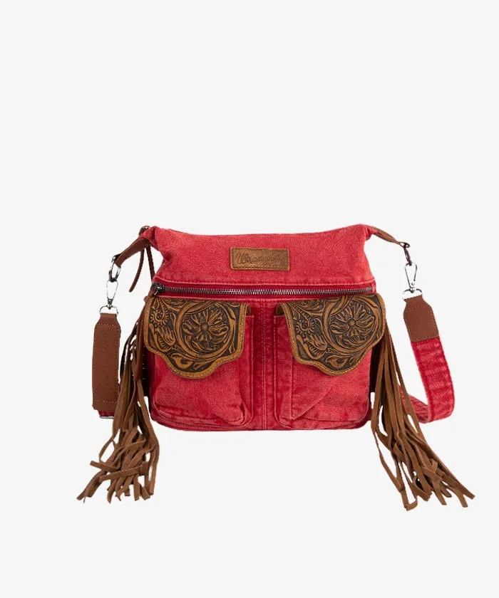 Wrangler Fringe Floral Tooled Denim Crossbody Bag