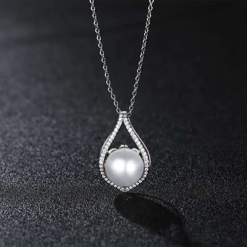 Zircon Water Drop with Pearl Pendant Silver Necklace for Women
